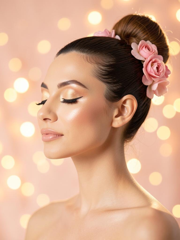 Woman with radiant skin and flowers in her hair at Esthetic Beauty Lounge