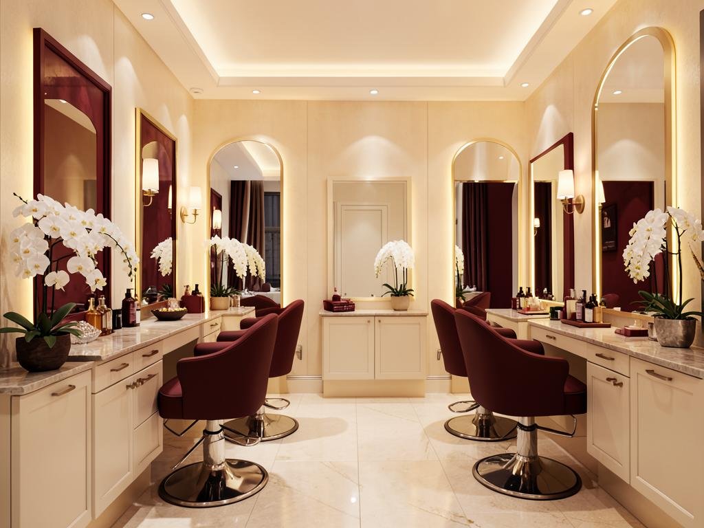 Interior of the Esthetic Beauty Lounge salon with elegant styling chairs and mirrors
